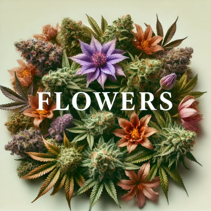 A vibrant assortment of cannabis flowers in various strains, showcasing the rich colors and textures of the buds.