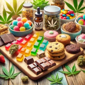 A vibrant and appetizing image showcasing a variety of cannabis edibles including gummies, chocolates, and baked goods.