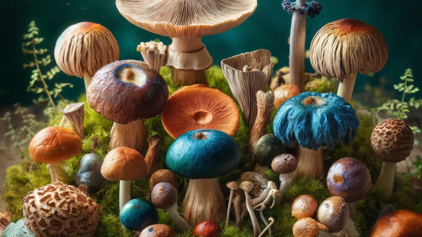 Variety of psilocybin magic mushrooms on a mossy background, showcasing natural and mystical qualities at One Love Delivery