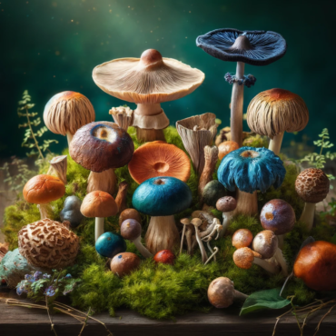 Variety of psilocybin magic mushrooms on a mossy background, showcasing natural and mystical qualities at One Love Delivery