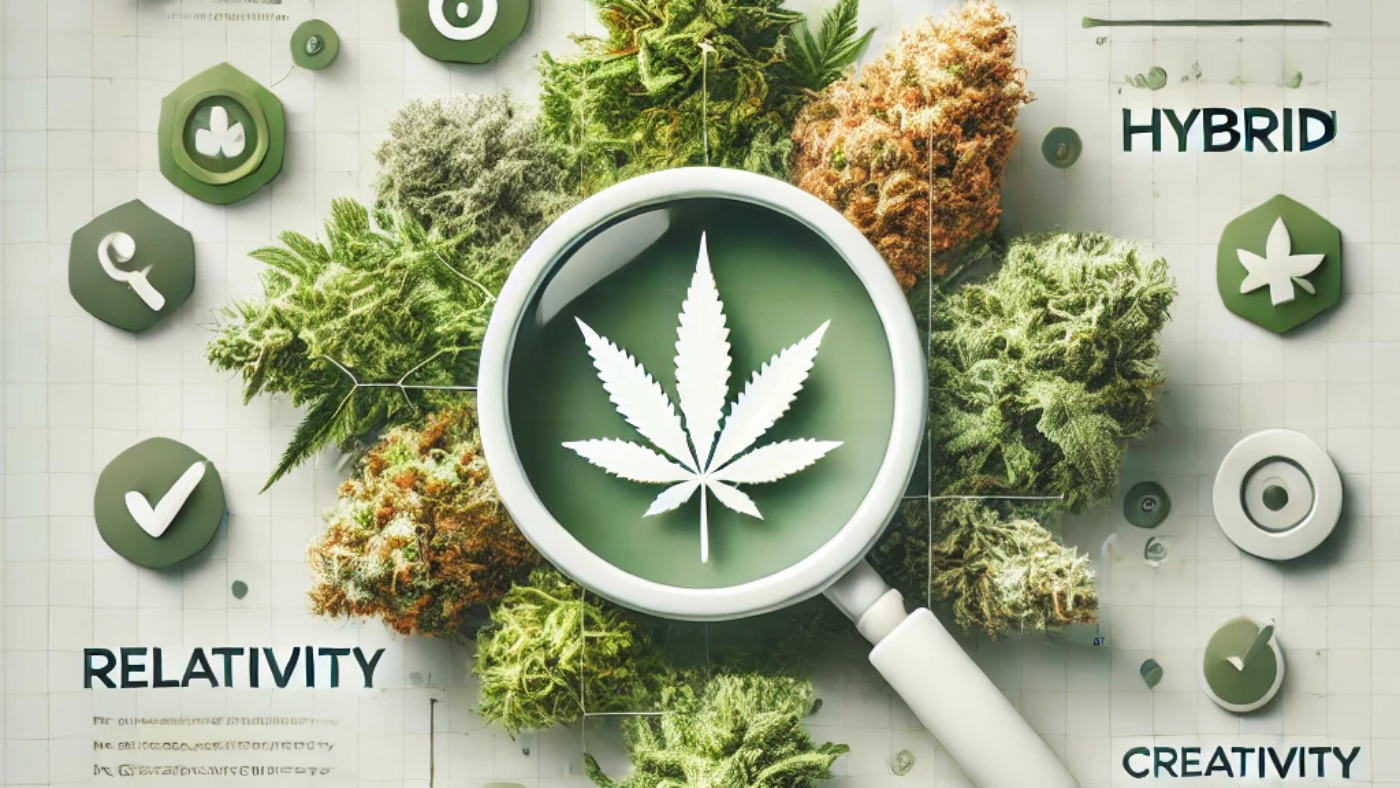 Visually appealing image representing different cannabis strains, including indica, sativa, and hybrid, with elements like a magnifying glass, checkmarks, and icons for relaxation, creativity, and pain relief