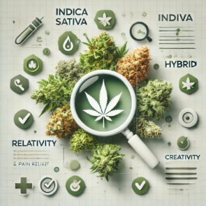 Visually appealing image representing different cannabis strains, including indica, sativa, and hybrid, with elements like a magnifying glass, checkmarks, and icons for relaxation, creativity, and pain relief