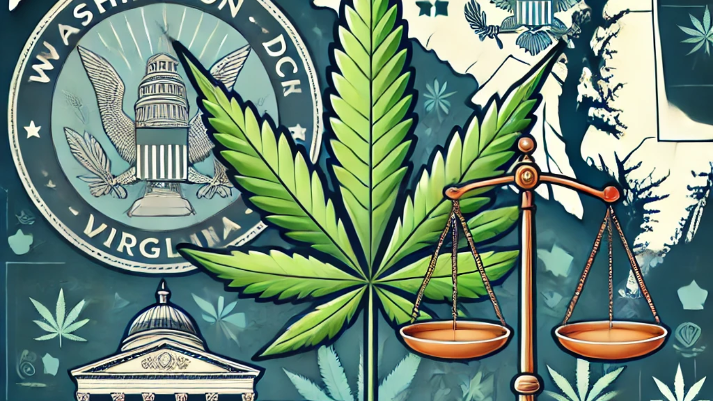 A detailed and visually appealing image representing cannabis laws in Washington DC, Virginia, and Maryland. The image includes elements like a cannabis leaf, scales of justice, and the map outlines of Washington DC, Virginia, and Maryland.