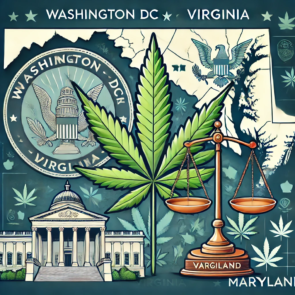 A detailed and visually appealing image representing cannabis laws in Washington DC, Virginia, and Maryland. The image includes elements like a cannabis leaf, scales of justice, and the map outlines of Washington DC, Virginia, and Maryland.