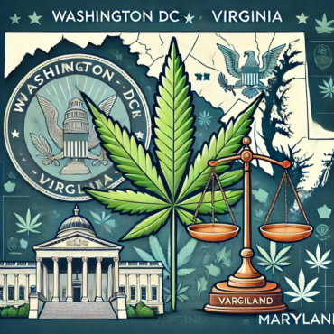 A detailed and visually appealing image representing cannabis laws in Washington DC, Virginia, and Maryland. The image includes elements like a cannabis leaf, scales of justice, and the map outlines of Washington DC, Virginia, and Maryland.