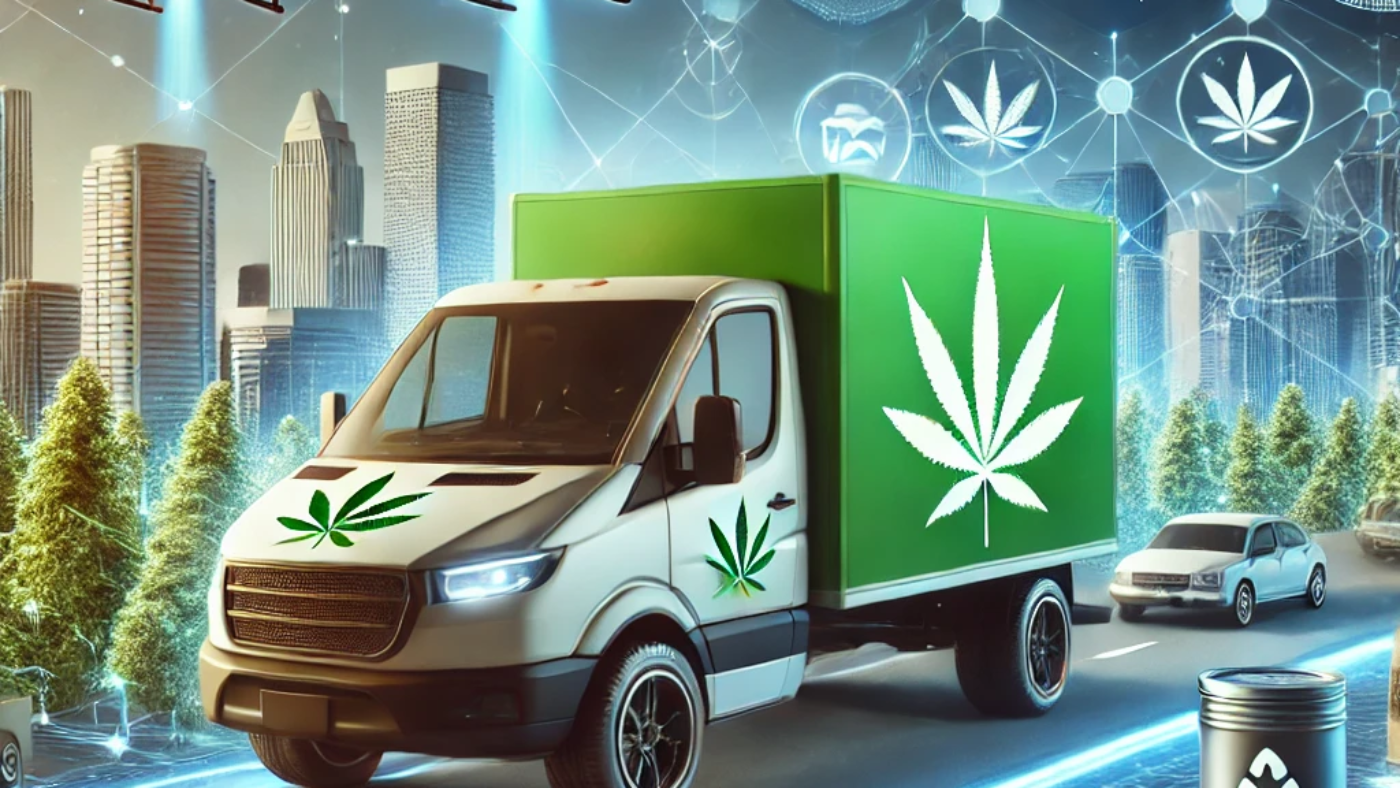 A futuristic delivery van with cannabis-themed branding driving through a cityscape, featuring modern technology elements like drones, electric vehicles, and blockchain symbols, along with cannabis plants, edibles, oils, and eco-friendly symbols.