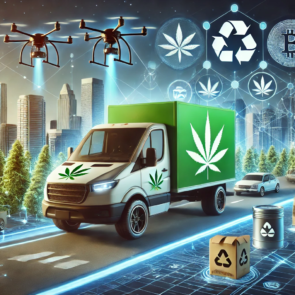 A futuristic delivery van with cannabis-themed branding driving through a cityscape, featuring modern technology elements like drones, electric vehicles, and blockchain symbols, along with cannabis plants, edibles, oils, and eco-friendly symbols.