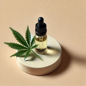 A small cannabis tincture bottle and cannabis flower representing microdosing.