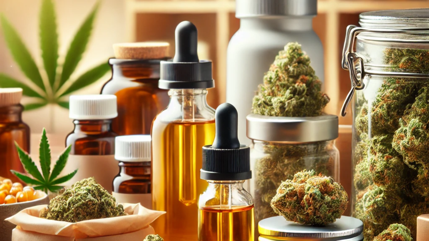 A clean and detailed image of high-quality cannabis products, including buds, oils, and edibles, neatly arranged on a wooden table in bright natural lighting.