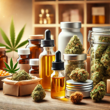 A clean and detailed image of high-quality cannabis products, including buds, oils, and edibles, neatly arranged on a wooden table in bright natural lighting.