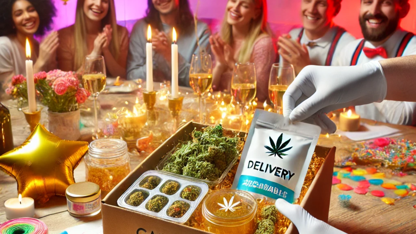 A vibrant and festive image of a cannabis delivery, perfect for celebrating special occasions with cannabis products.