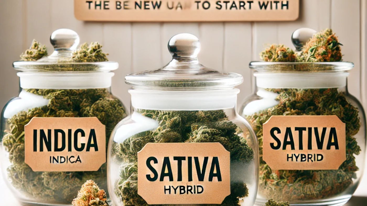 A welcoming and approachable image of different cannabis strains in labeled jars, with clear visual distinctions between indica, sativa, and hybrid strains.