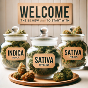 A welcoming and approachable image of different cannabis strains in labeled jars, with clear visual distinctions between indica, sativa, and hybrid strains.