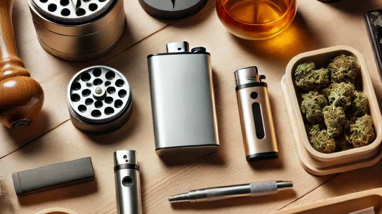 Flat-lay of essential cannabis accessories including grinder, rolling papers, vape pen, bong, rolling tray, and storage containers.