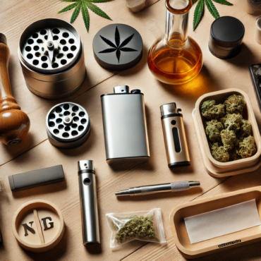 Flat-lay of essential cannabis accessories including grinder, rolling papers, vape pen, bong, rolling tray, and storage containers.