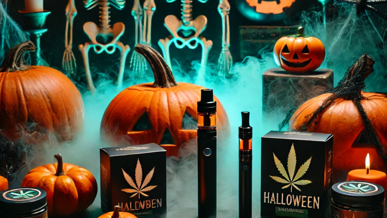 Spooky Halloween decorations with cannabis products like edibles, vape pens, and fun cannabis-themed props.