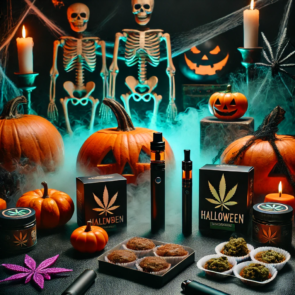 Spooky Halloween decorations with cannabis products like edibles, vape pens, and fun cannabis-themed props.