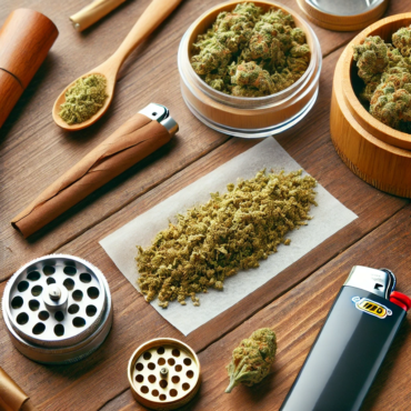 Essentials for rolling a blunt, including ground cannabis, a blunt wrap, grinder, and lighter on a wooden surface.