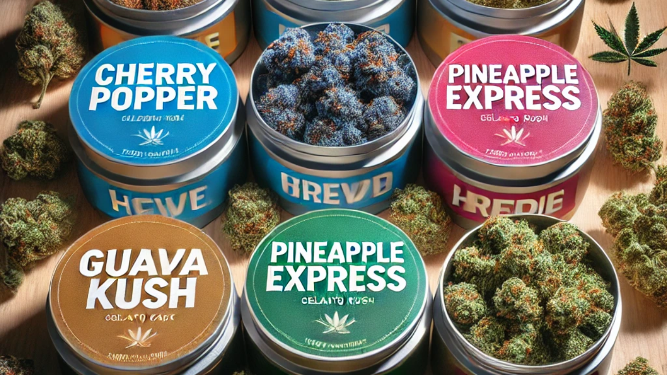 A flat-lay image showcasing a variety of high-quality hybrid cannabis strains, including Cherry Poppers, Blue Bonnet, Pineapple Express, Guava Kush, and Gelato Cake.