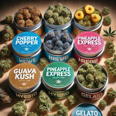 A flat-lay image showcasing a variety of high-quality hybrid cannabis strains, including Cherry Poppers, Blue Bonnet, Pineapple Express, Guava Kush, and Gelato Cake.