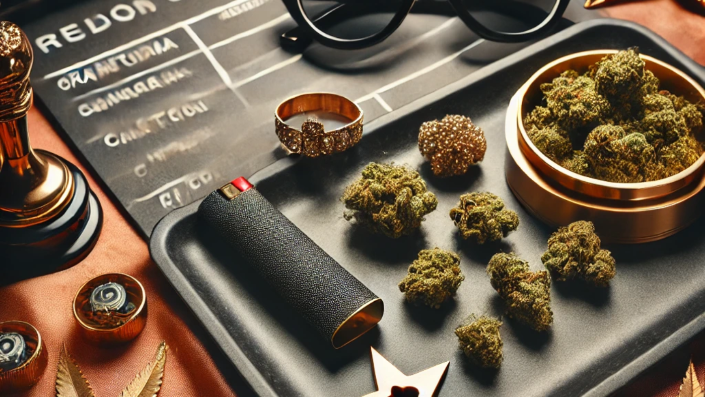 Artistic photo of cannabis with celebrity-inspired items, hinting at pop culture influence.