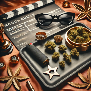 Artistic photo of cannabis with celebrity-inspired items, hinting at pop culture influence.