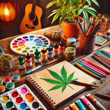 Cozy creative workspace with art supplies and a cannabis setup