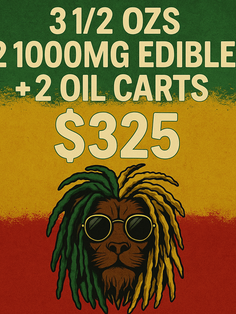 Rasta-themed cannabis deal graphic with colorful shake bags, edibles, and prerolls for One Love Delivery
