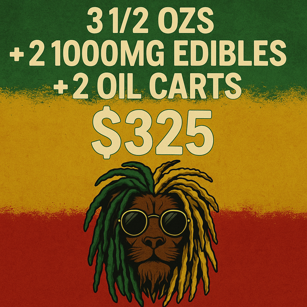 Rasta-themed cannabis deal graphic with colorful shake bags, edibles, and prerolls for One Love Delivery
