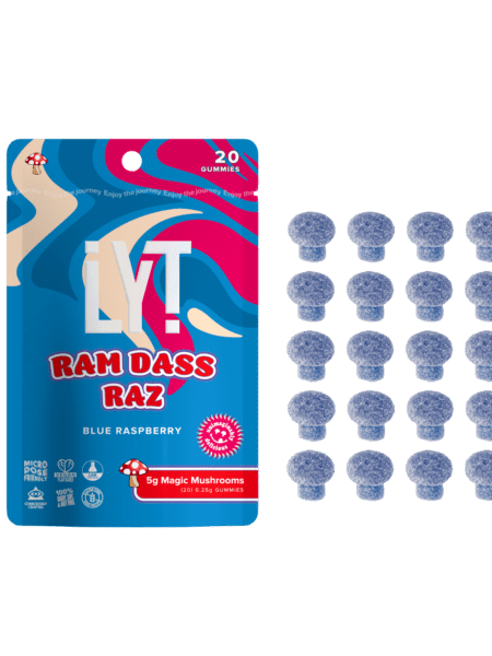 LYT 5G Magic Gummies Ram Dass Raz Blue Raspberry Psilocybin Edibles Package with Mushroom-Shaped Gummies