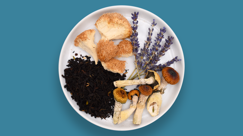 Ingredients for Earl Grey Microdose Tea including Lion’s Mane mushrooms, black tea leaves, dried lavender, and psilocybin mushrooms on a white plate