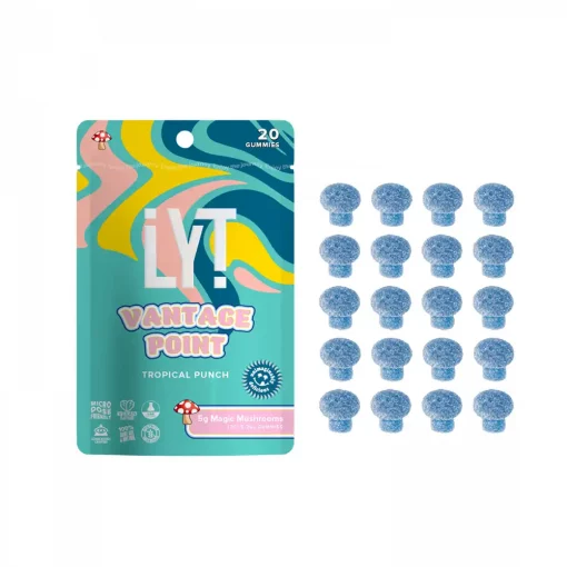LYT 5G Magic Gummies Vantage Point Tropical Punch – Psilocybin Edibles Package and Blue Mushroom-Shaped Gummies