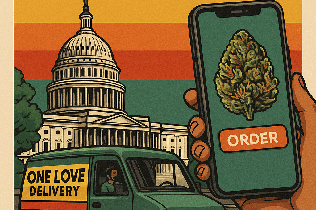 Black woman smiling while receiving a cannabis delivery in Capitol Hill, Washington DC, from One Love Delivery
