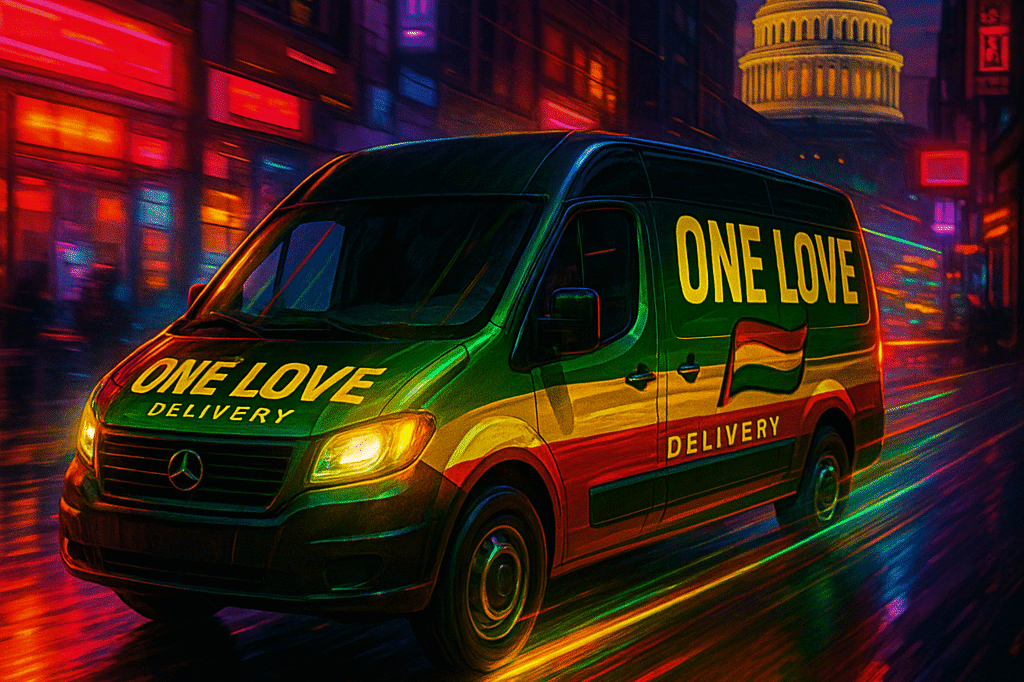 Rasta-style digital painting of a One Love Delivery van speeding through Washington DC with cannabis products onboard