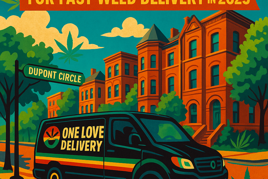 Illustration of a One Love Delivery van driving through vibrant DC neighborhoods like Adams Morgan and Dupont Circle with cannabis leaves and city landmarks in the background