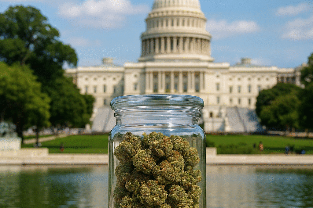 Ounce Deals in DC — cannabis jars with Capitol backdrop (One Love Delivery)